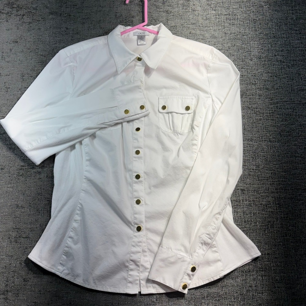 Cache Button Down Shirt Women XL White Gold Button Ribbed Side Panel